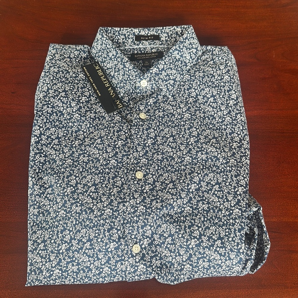 Mens Banana Republic No Iron 100% Cotton Long Sleeve Button Down Shirt blue